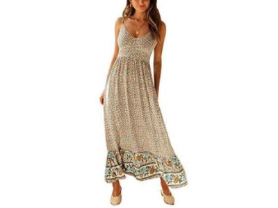 Women's Boho Floral Maxi Dresses V Neck Sleeveless Summer Beach Casual Long Dress