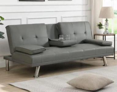 2-Seater Leather Sofa Bed with Built-In Cup Holders