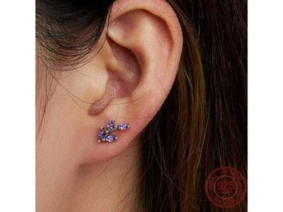 925 Sterling Silver Purple Branch Leaf Stud Earrings