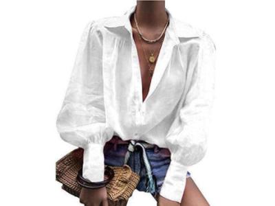 LoVnely Women's *** Deep V Neck Solid Blouse Tops Long Lantern Sleeve Button Down Casual Shirt