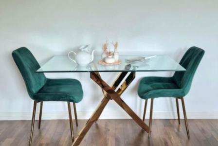 Furniturebox Glass Dining Table & 2 Green Velvet Gold Leg Chairs