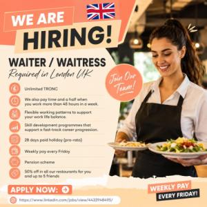 Waiter / Waitress Required in London