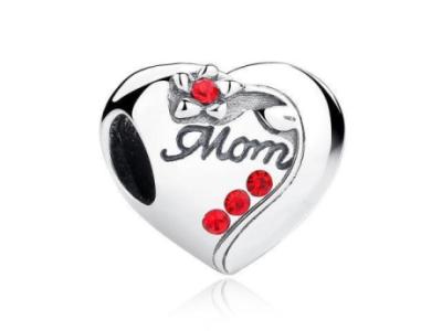 925 Sterling Silver Mom Red CZ Heart Bead Charm