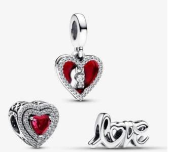 Sparkling Red Heart Dangle Pandora Charm Trio Set X 3 (9pc Bundle)